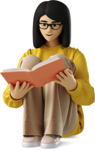 business-3d-young-woman-in-glasses-sitting-and-reading-book